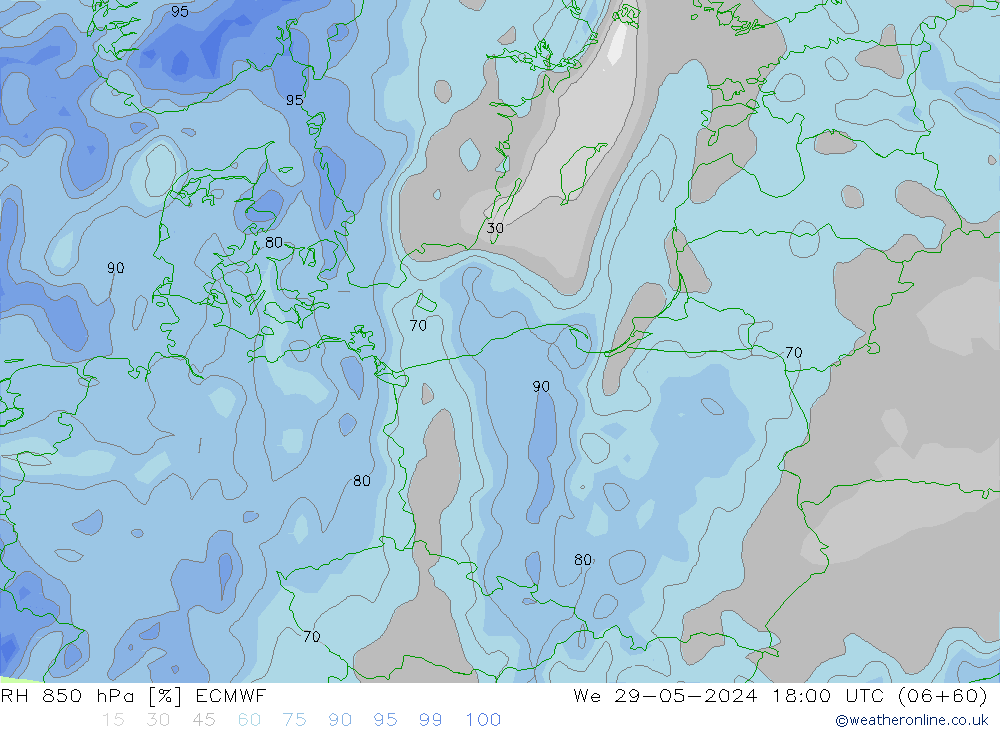 RH 850 hPa ECMWF Qua 29.05.2024 18 UTC