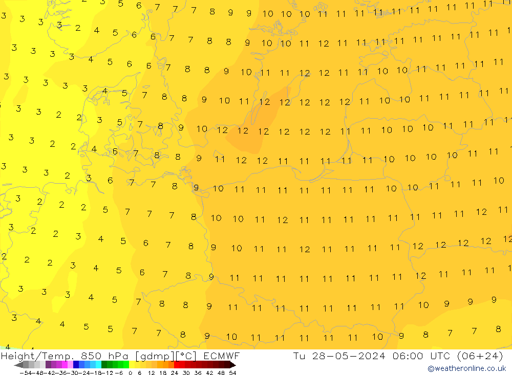 Hoogte/Temp. 850 hPa ECMWF di 28.05.2024 06 UTC