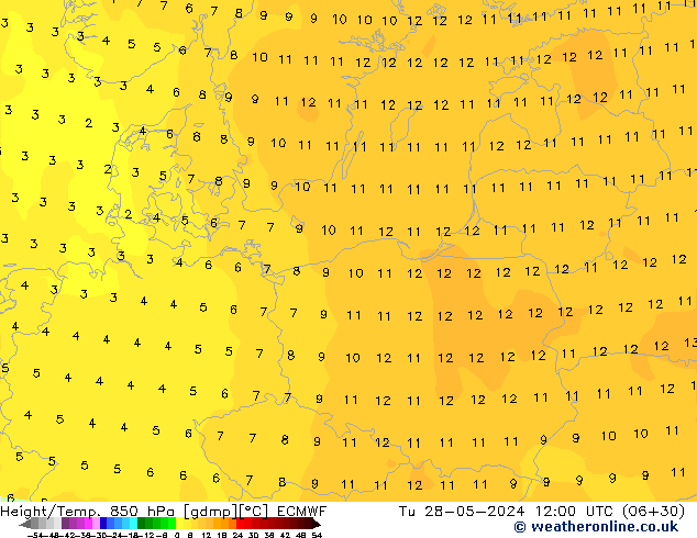 Z500/Rain (+SLP)/Z850 ECMWF wto. 28.05.2024 12 UTC