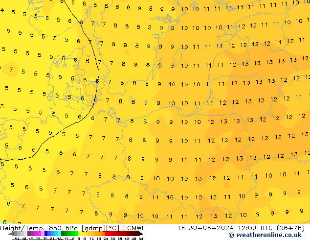 Z500/Rain (+SLP)/Z850 ECMWF Th 30.05.2024 12 UTC