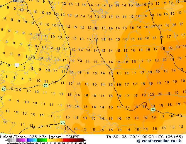 Hoogte/Temp. 925 hPa ECMWF do 30.05.2024 00 UTC