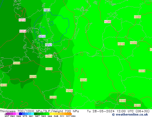 Thck 700-1000 hPa ECMWF Tu 28.05.2024 12 UTC