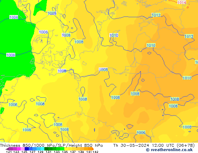 Espesor 850-1000 hPa ECMWF jue 30.05.2024 12 UTC