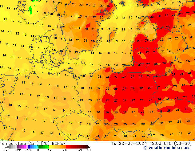 mapa temperatury (2m) ECMWF wto. 28.05.2024 12 UTC