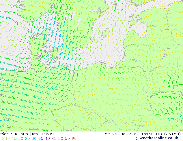 Wind 900 hPa ECMWF We 29.05.2024 18 UTC