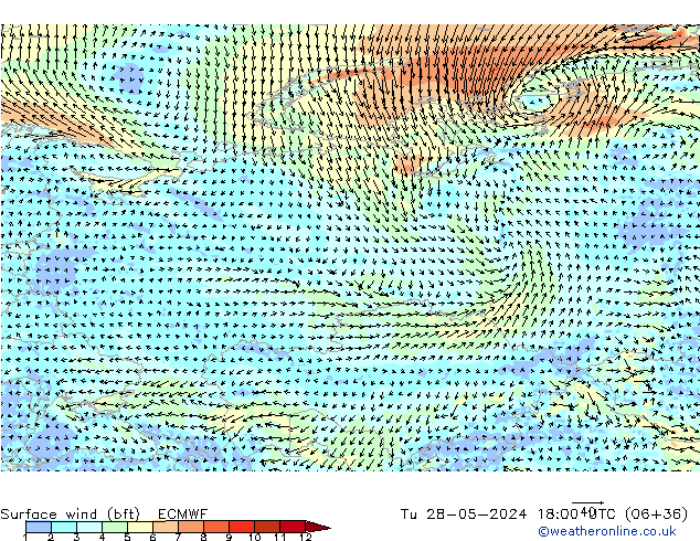 Vento 10 m (bft) ECMWF mar 28.05.2024 18 UTC