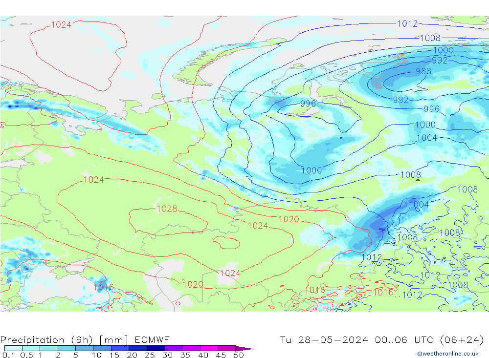 Z500/Rain (+SLP)/Z850 ECMWF Út 28.05.2024 06 UTC