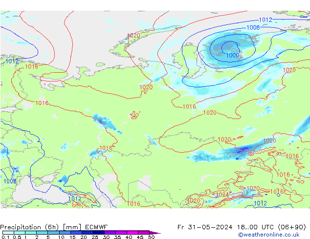 Precipitation (6h) ECMWF Fr 31.05.2024 00 UTC