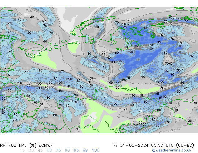 Humidité rel. 700 hPa ECMWF ven 31.05.2024 00 UTC