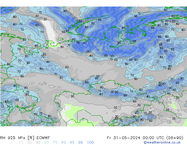 Humidité rel. 925 hPa ECMWF ven 31.05.2024 00 UTC