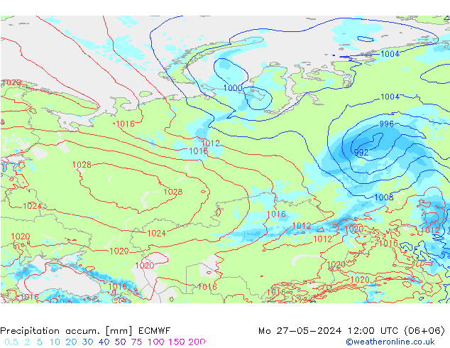 Precipitation accum. ECMWF pon. 27.05.2024 12 UTC