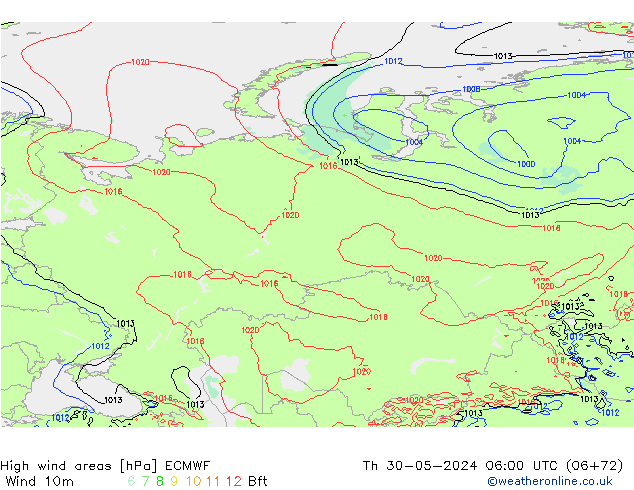 High wind areas ECMWF Th 30.05.2024 06 UTC