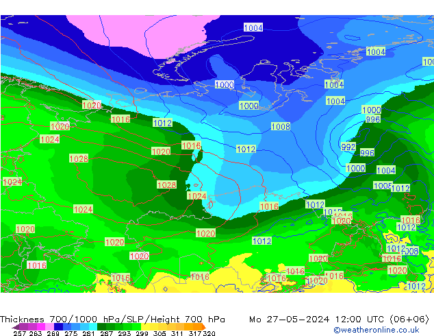 Thck 700-1000 hPa ECMWF Mo 27.05.2024 12 UTC