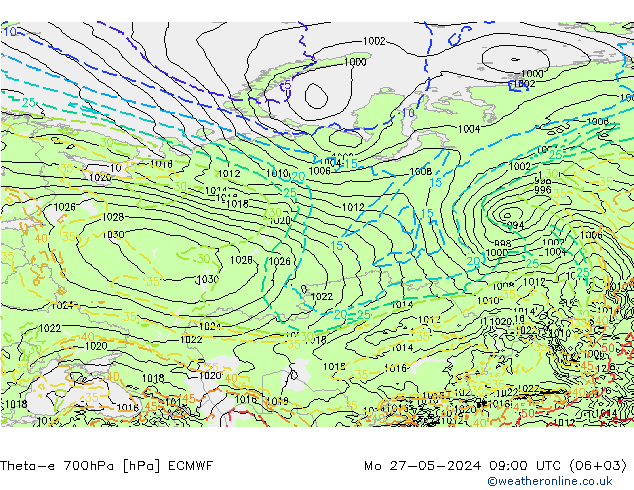 Theta-e 700hPa ECMWF Mo 27.05.2024 09 UTC