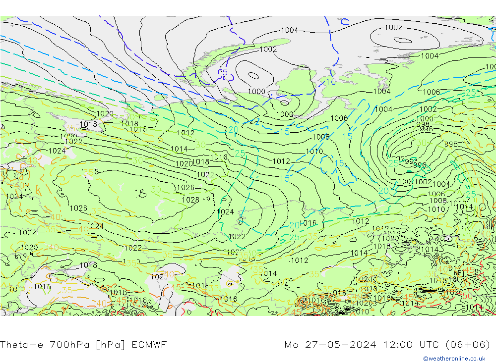 Theta-e 700hPa ECMWF pon. 27.05.2024 12 UTC