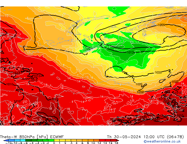 Theta-W 850hPa ECMWF Čt 30.05.2024 12 UTC