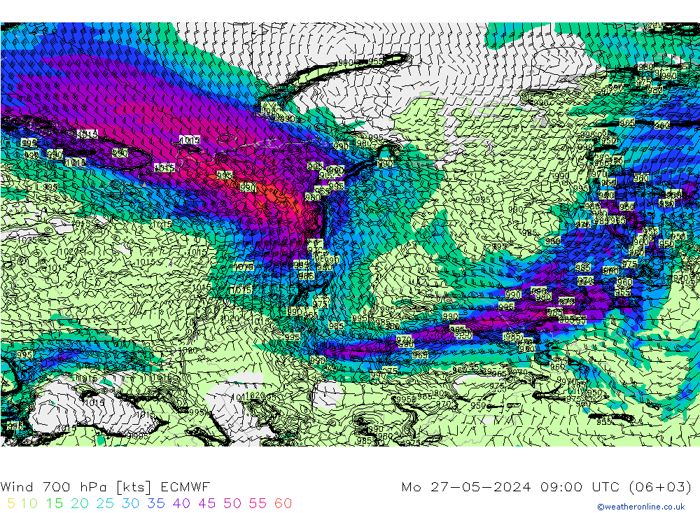 Wind 700 hPa ECMWF Mo 27.05.2024 09 UTC