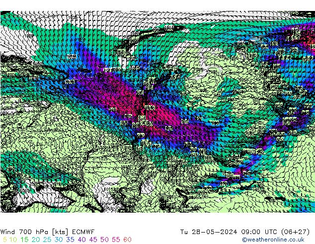 Wind 700 hPa ECMWF Út 28.05.2024 09 UTC