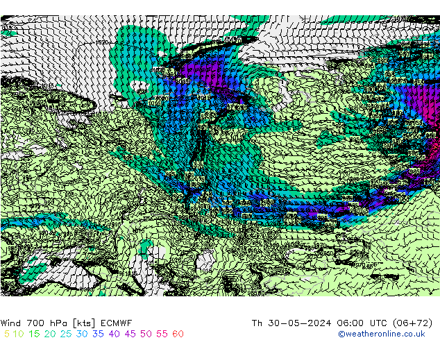 Wind 700 hPa ECMWF Th 30.05.2024 06 UTC