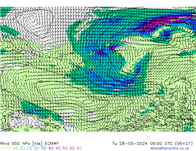 Wind 950 hPa ECMWF Út 28.05.2024 09 UTC