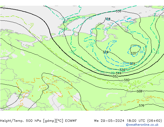 Height/Temp. 500 hPa ECMWF mer 29.05.2024 18 UTC