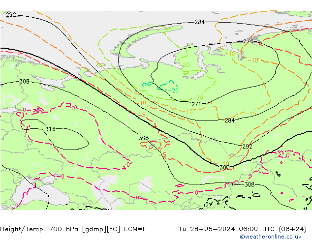 Height/Temp. 700 hPa ECMWF Út 28.05.2024 06 UTC