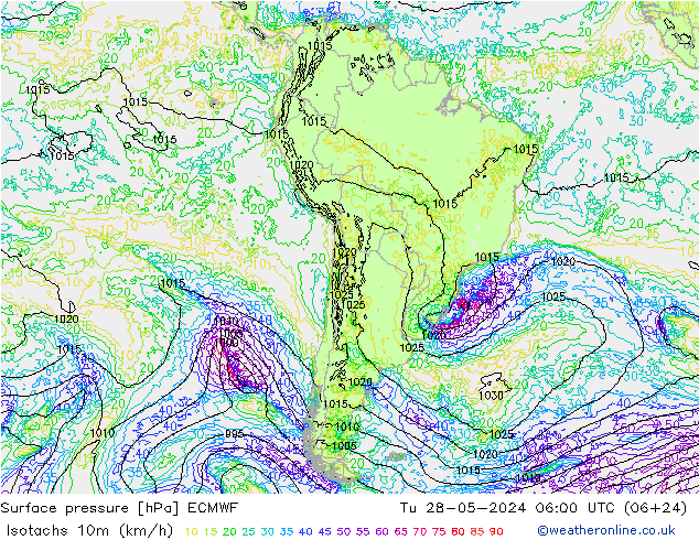 Isotachs (kph) ECMWF Tu 28.05.2024 06 UTC