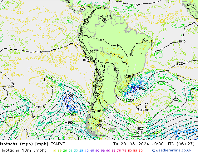 Isotachs (mph) ECMWF Tu 28.05.2024 09 UTC