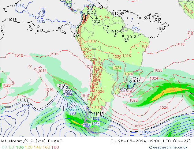 Jet stream/SLP ECMWF Tu 28.05.2024 09 UTC