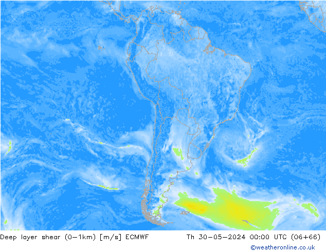 Deep layer shear (0-1km) ECMWF czw. 30.05.2024 00 UTC