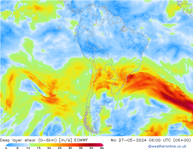 Deep layer shear (0-6km) ECMWF ma 27.05.2024 06 UTC