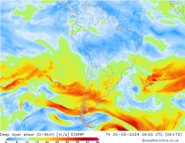 Deep layer shear (0-6km) ECMWF jeu 30.05.2024 06 UTC