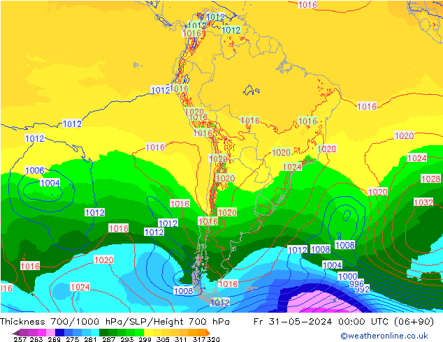 Thck 700-1000 hPa ECMWF ven 31.05.2024 00 UTC