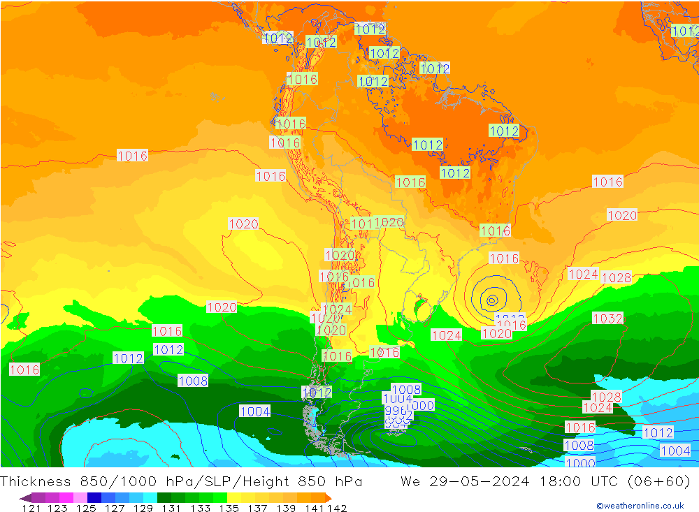 Thck 850-1000 hPa ECMWF mer 29.05.2024 18 UTC