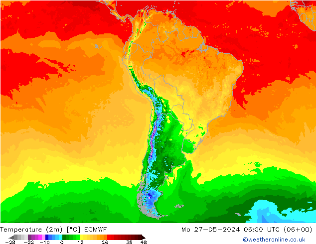 Temperatuurkaart (2m) ECMWF ma 27.05.2024 06 UTC