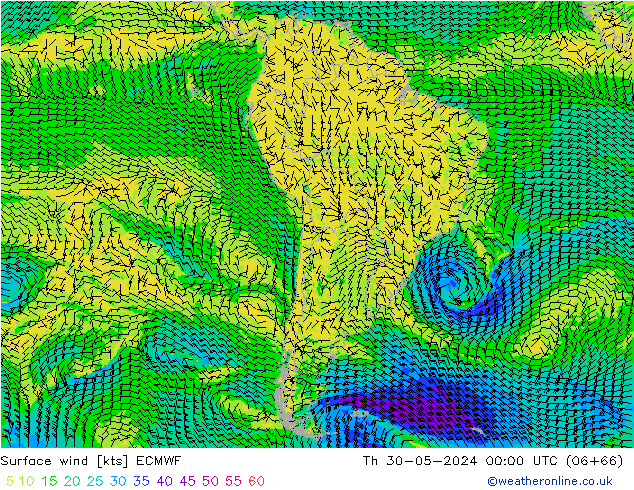 Wind 10 m ECMWF do 30.05.2024 00 UTC