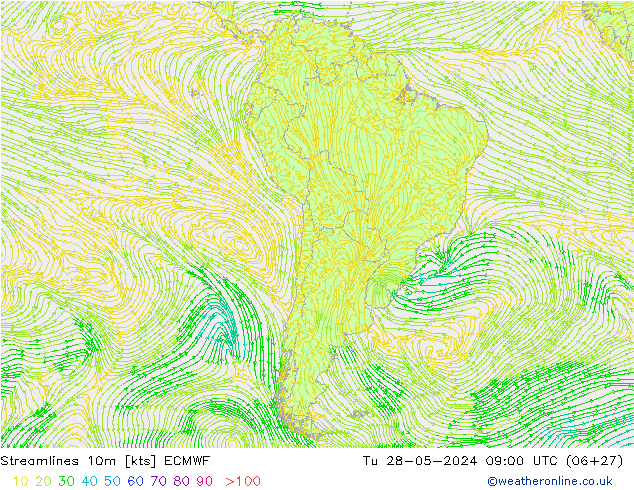 Streamlines 10m ECMWF Tu 28.05.2024 09 UTC