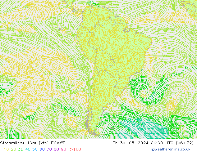 Streamlines 10m ECMWF Čt 30.05.2024 06 UTC