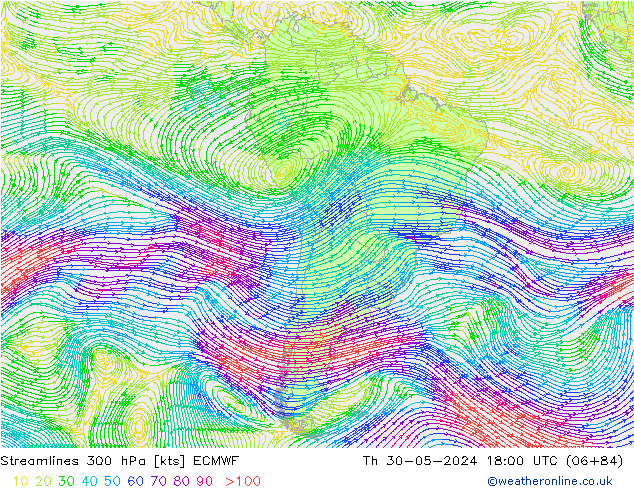 Línea de corriente 300 hPa ECMWF jue 30.05.2024 18 UTC