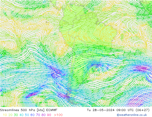 Linia prądu 500 hPa ECMWF wto. 28.05.2024 09 UTC