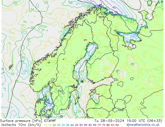 Isotachs (kph) ECMWF вт 28.05.2024 15 UTC