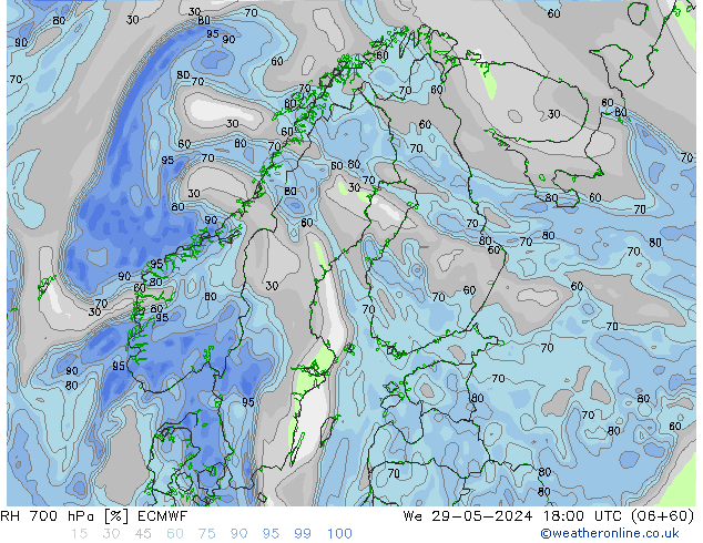 RH 700 hPa ECMWF Mi 29.05.2024 18 UTC