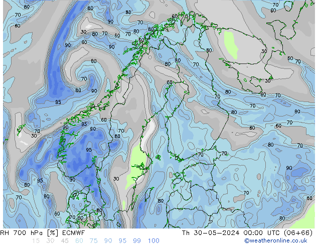 RH 700 hPa ECMWF Qui 30.05.2024 00 UTC