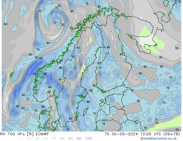 RH 700 hPa ECMWF Th 30.05.2024 12 UTC