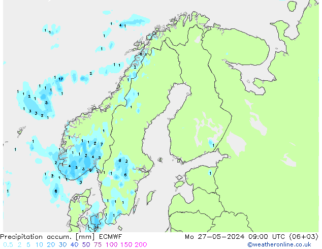 Precipitation accum. ECMWF Seg 27.05.2024 09 UTC
