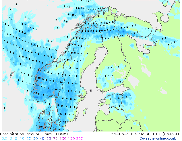 Precipitation accum. ECMWF Tu 28.05.2024 06 UTC