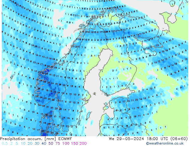 Precipitation accum. ECMWF mer 29.05.2024 18 UTC