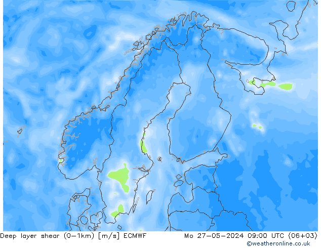 Deep layer shear (0-1km) ECMWF Mo 27.05.2024 09 UTC