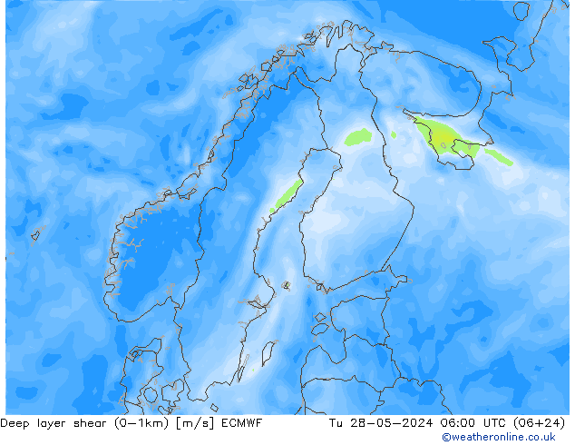 Deep layer shear (0-1km) ECMWF Di 28.05.2024 06 UTC