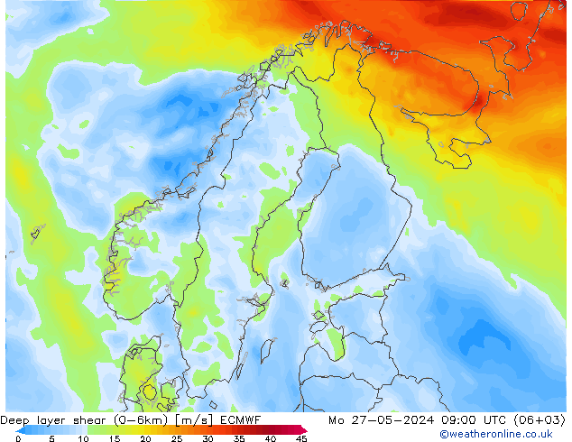 Deep layer shear (0-6km) ECMWF Mo 27.05.2024 09 UTC